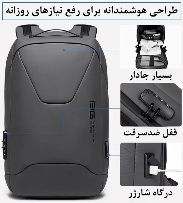 کیف و کوله پشتی لپ تاپ 15.6 ضد سرقت بنج 22188 کیف و کوله پشتی لپ تاپ 15.6 ضد سرقت اورجینال بنج BANGE 22188 - تصویر 9