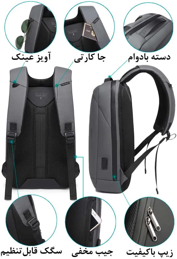 کیف و کوله پشتی لپ تاپ 15.6 ضد سرقت بنج 22188 کیف و کوله پشتی لپ تاپ 15.6 ضد سرقت اورجینال بنج BANGE 22188 - تصویر 12