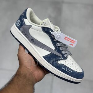 نایک ایر جردن وان لو گوچی سفید طوسی سرمه ای جیر Nike Air Jordan 1  Low Gucci White Grey Navy Suede