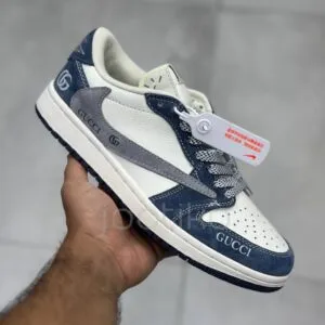 نایک ایر جردن وان لو گوچی سفید طوسی سرمه ای جیر Nike Air Jordan 1 Low Gucci White Grey Navy Suede نایک ایر جردن وان لو گوچی سفید طوسی سرمه ای جیر Nike Air Jordan 1 Low Gucci White Grey Navy Suede