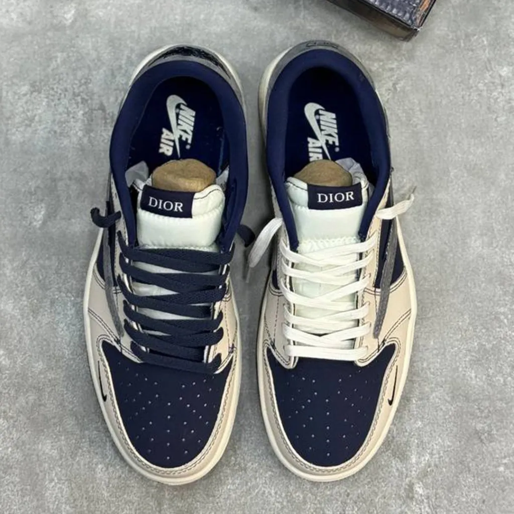 نایک ایر جردن وان لو دیور کرم سرمه ای خاکستری Nike Air Jordan 1 Low Dior Cream Navy Grey - تصویر 5