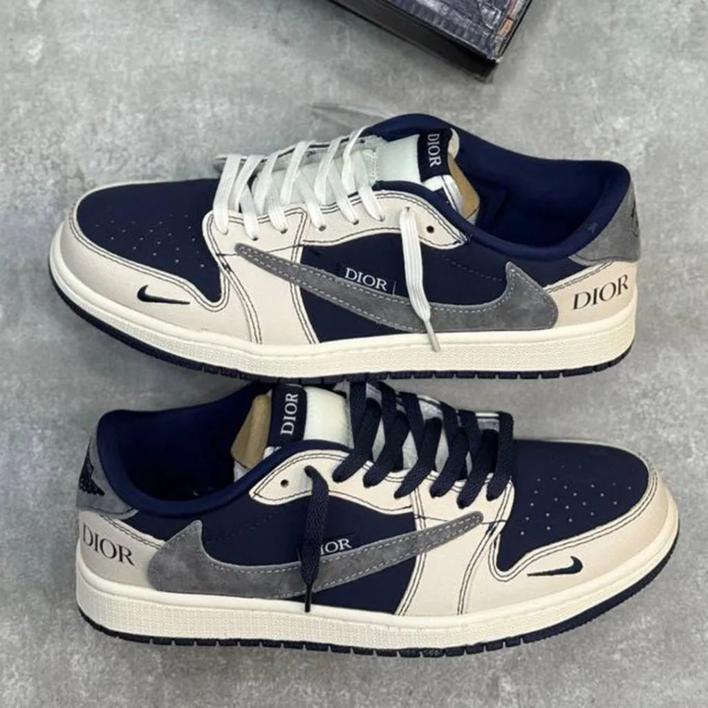نایک ایر جردن وان لو دیور کرم سرمه ای خاکستری Nike Air Jordan 1 Low Dior Cream Navy Grey - تصویر 2