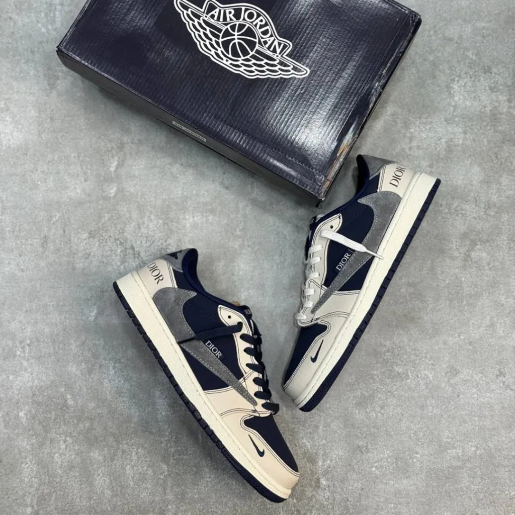 نایک ایر جردن وان لو دیور کرم سرمه ای خاکستری Nike Air Jordan 1 Low Dior Cream Navy Grey - تصویر 6