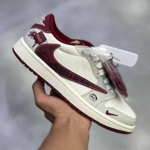 نایک ایر جردن وان لو استاسی کرم زرشکی Nike Air Jordan 1 Low Stussy Cream Burgundy نایک ایر جردن وان لو استاسی کرم زرشکی Nike Air Jordan 1 Low Stussy Cream Burgundy