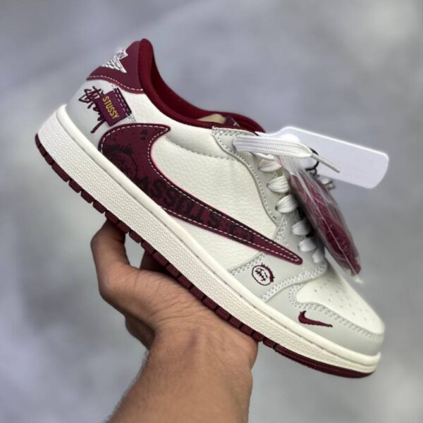 نایک ایر جردن وان لو استاسی کرم زرشکی Nike Air Jordan 1 Low Stussy Cream Burgundy نایک ایر جردن وان لو استاسی کرم زرشکی Nike Air Jordan 1 Low Stussy Cream Burgundy