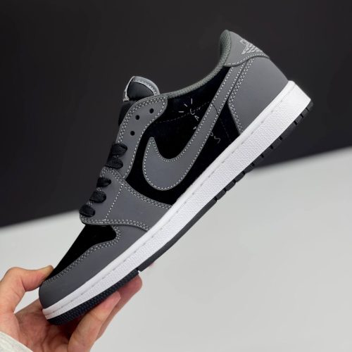 کفش نایک ایر جردن وان لو تراویس اسکات مشکی طوسی چرمی  Nike Air Jordan 1 Low Travis Scott Black Grey Leather