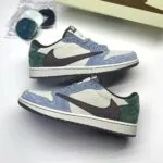 کفش نایک ایر جردن وان لو تراویس اسکات آبی سبز سوئد  Nike Air Jordan 1 Low Travis Scott Blue Green Suede