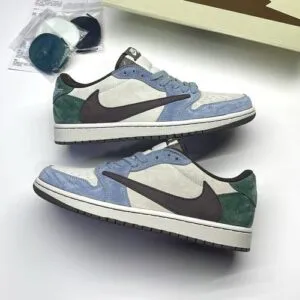 کفش نایک ایر جردن وان لو تراویس اسکات آبی سبز سوئد Nike Air Jordan 1 Low Travis Scott Blue Green Suede