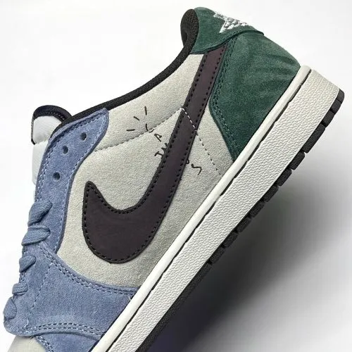 کفش نایک ایر جردن وان لو تراویس اسکات آبی سبز سوئد Nike Air Jordan 1 Low Travis Scott Blue Green Suede - تصویر 3