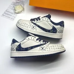 کفش نایک ایر جردن وان لو تراویس اسکات لویی ویتون کرم آبی Nike Air Jordan 1 Low Travis Scott Louis Vuitton Cream Blue