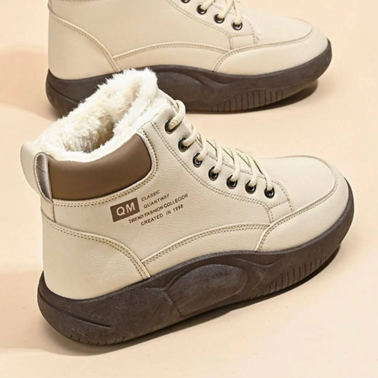 نیم بوت خزدار ضد آب کرم قهوه‌ای Waterproof Fur Lined Beige Brown Boots - تصویر 5