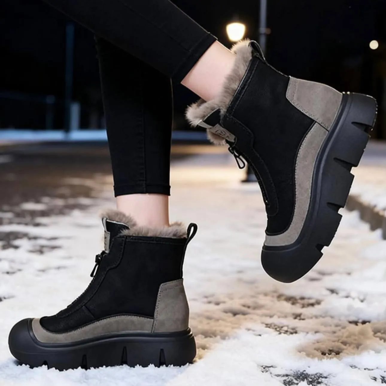 نیم بوت زیپ دار خزدار مشکی Black Fur Lined Zip Boots - تصویر 6