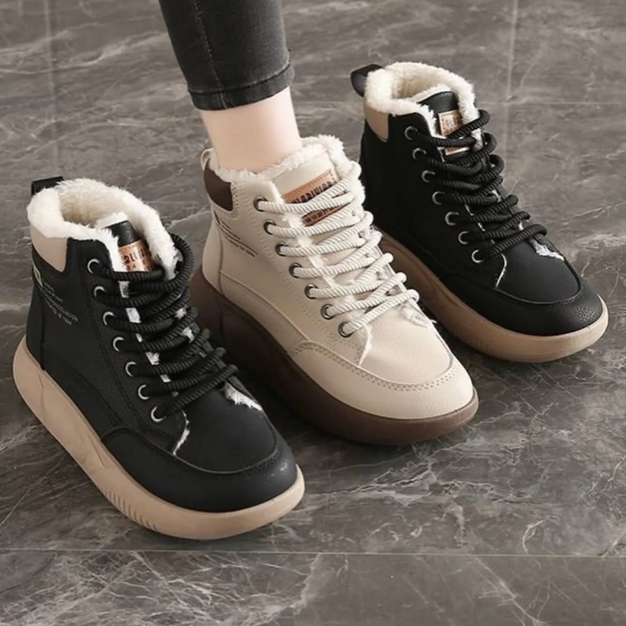 نیم بوت خزدار ضد آب کرم قهوه‌ای Waterproof Fur Lined Beige Brown Boots - تصویر 3