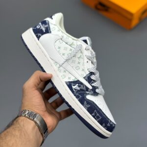 جردن وان لویی ویتون Travis Scott Air Jordan 1 Low Louis Vuitton Monogram Denim جردن وان لویی ویتون Travis Scott Air Jordan 1 Low Louis Vuitton Monogram Denim