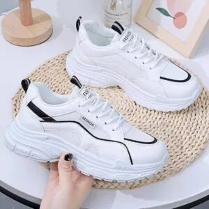 کتونی اسپرت لژدار طبی مدل چونه فانتزی سفید مشکی Women’s Chunky Platform Orthopedic White Black Fashion Sneakers