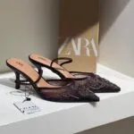 صندل مجلسی زنانه زارا زرشکی توری نگین‌ دار