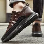 کتونی مردانه اسپرت طرح چرم تمساح قهوه‌ای مشکی Men’s Crocodile Pattern Leather Sport Sneakers Brown Black