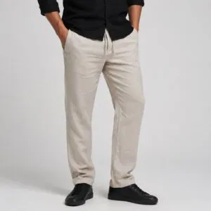 شلوار لینین نخی اورجینال مردانه رنگ کرمی برند pull&bear سفارش اسپانیایی مدل راسته کد 2039