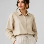 شومیز کتان نخی باکیفیت و بسیار خنک از Bershka اسپانیایی کرمی کد 2106